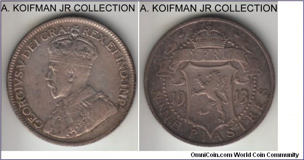 KM-13, 1913 Cyprus 9 piastres; silver, reeded edge; George V, good fine, scarce coin with just 50,000 mintage.