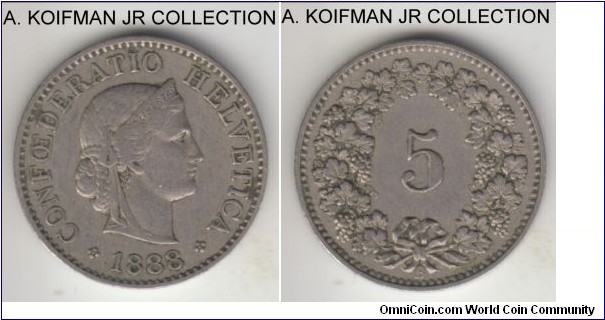 KM-26, 1888 Switzerland 5 rappen; copper-nickel, plain edge; average circulated good fine to very fine.
