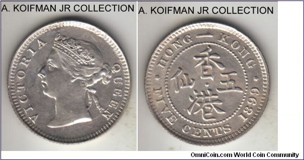 KM-5, 1899 Hong Kong 5 cents, Royal Mint; silver, reeded edge; late Victoria, common year, extra fine details, but cleaned and a flan defect or removed spot in front of Queen's face.