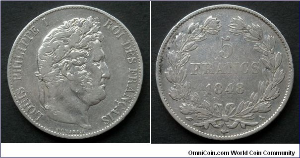 France 5 francs.
1848 (A) Louis Philippe I. Ag 900.
