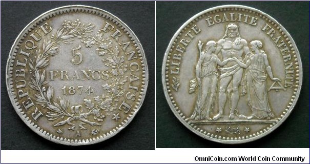 France 5 francs.
1874 (A) Ag 900.