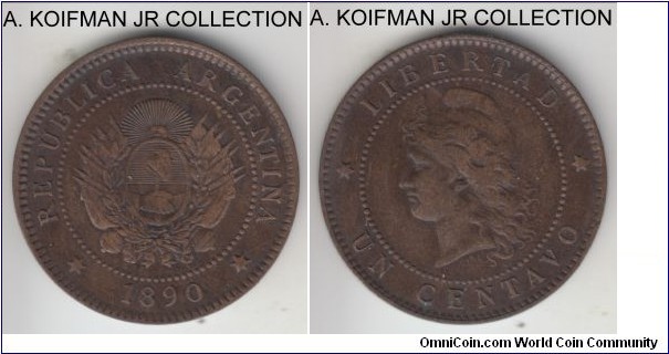 KM-32, 1890 Argentina centavo; bronze, plain edge; common yer, very fine or so.