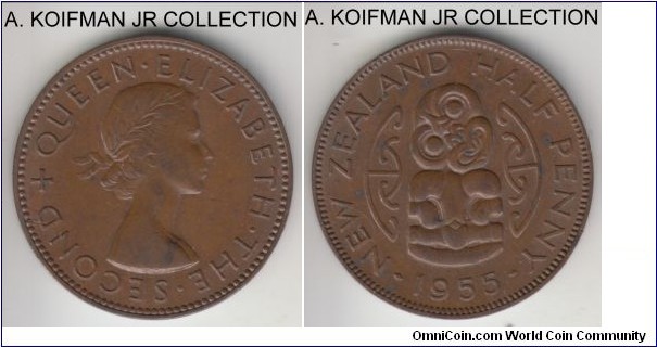 KM-23.1, 1955 New Zealand half penny; bronze, plain edge; Elizabeth II, small mintage year, about uncirculated, dark brown, few spots.