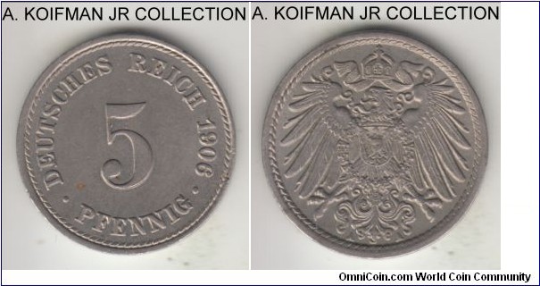 KM-11, 1906 Germany (Empire) 5 pfennig, Berlin mint (A mint mark); copper-nickel, plain edge; Wilhelm II Empire, common but nice uncirculated or almost.