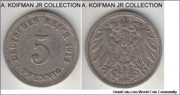 KM-11, 1912 Germany (Empire) 5 pfennig, Berlin mint (A mint mark); copper-nickel, plain edge; Wilhelm II Empire, common coin, good vey fine with visible shield details.