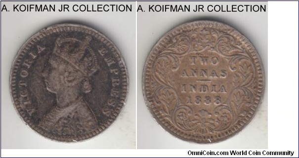 KM-488, 1888 British India 2 anna, Calcutta mint (no mint mark); silver, plain edge; Victoria, relatively common coin in decent circulated condition, almost very fine.