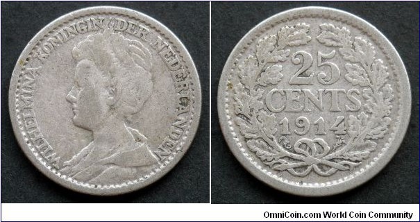 Netherlands 25 cents.
1914, Queen Wilhelmina. Ag 640.