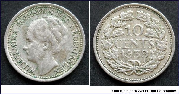 Netherlands 10 cents.
1939, Queen Wilhelmina. Ag 640.
