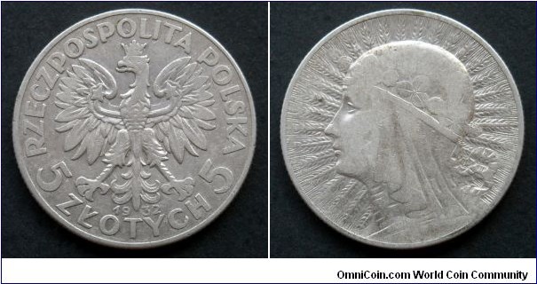 Poland 5 złotych.
1932, Mint London. Ag 750.