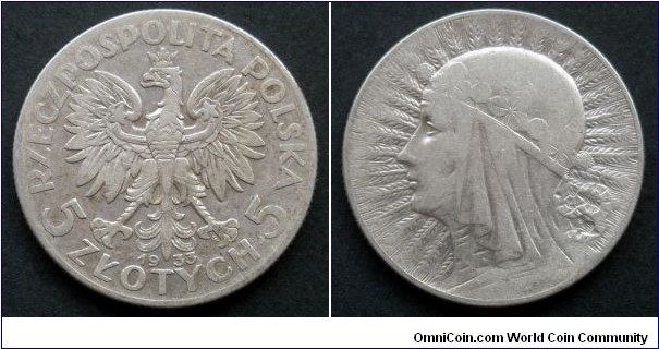 Poland 5 złotych.
1933, Mint Warsaw.
Ag 750.