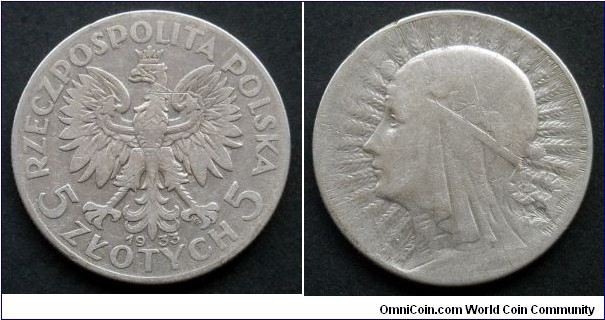 Poland 5 złotych.
1933, Mint Warsaw.
Ag 750. II