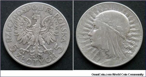 Poland 5 złotych.
1933, Mint Warsaw.
Ag 750. III