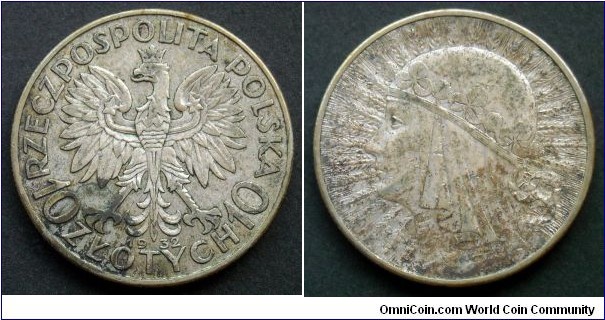 Poland 10 złotych.
1932, Mint London. 
Ag 750.