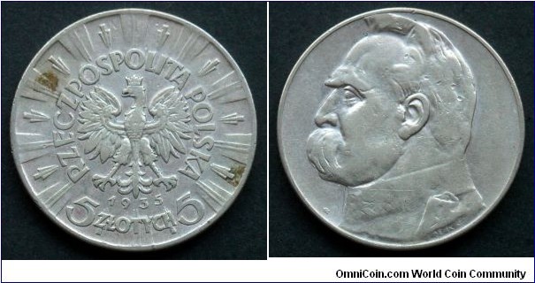 Poland 5 złotych.
1935, Józef Piłsudski. Ag 750.