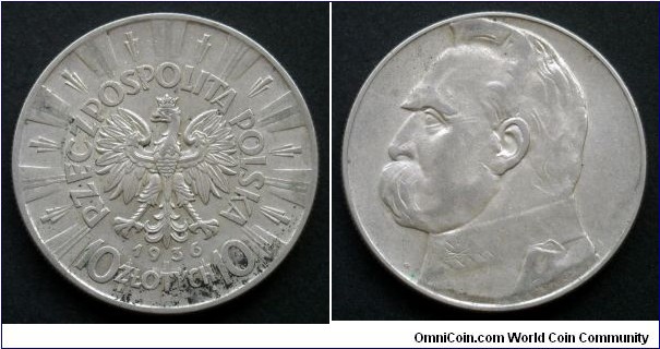 Poland 10 złotych.
1936, Józef Piłsudski. Ag 750.