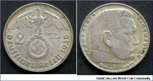 Germany (Third Reich) 2 reichsmark. 1936 D - Munich. Paul von Hindenburg. Ag 625.