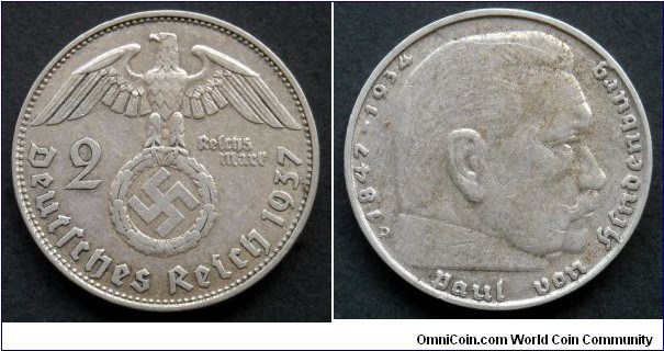 Germany (Third Reich) 2 reichsmark. 1937 D - Munich. Paul von Hindenburg. Ag 625.