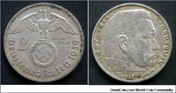 Germany (Third Reich) 2 reichsmark. 1939 A - Berlin. Paul von Hindenburg. Ag 625.
