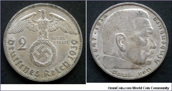 Germany (Third Reich) 2 reichsmark. 1939 F - Stuttgart. Paul von Hindenburg. Ag 625.