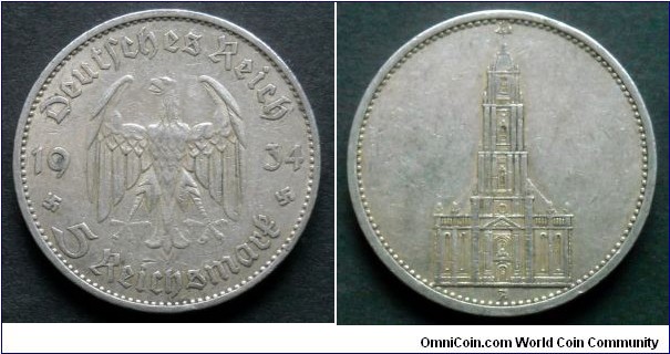 Germany (Third Reich) 5 reichsmark. 1934, A - Berlin. Potsdam Garrison Church. Ag 900.