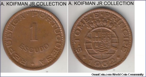 KM-18, 1962 San Thomas and Prince escudo; bronze, reeded edge; late Portuguese colonial period, small mintage of 160,000, extra fine or about.