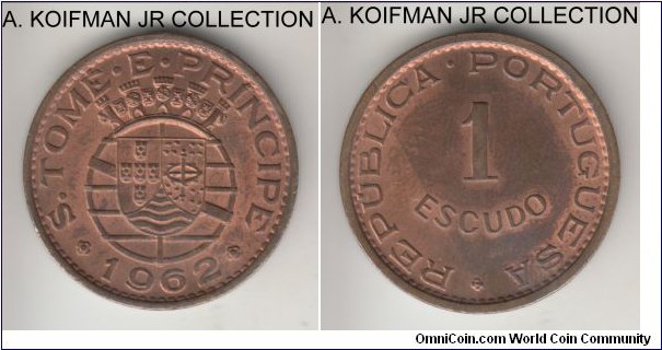 KM-18, 1962 San Thomas and Prince escudo; bronze, reeded edge; late Portuguese colonial period, small mintage of 160,000, extra fine or about.