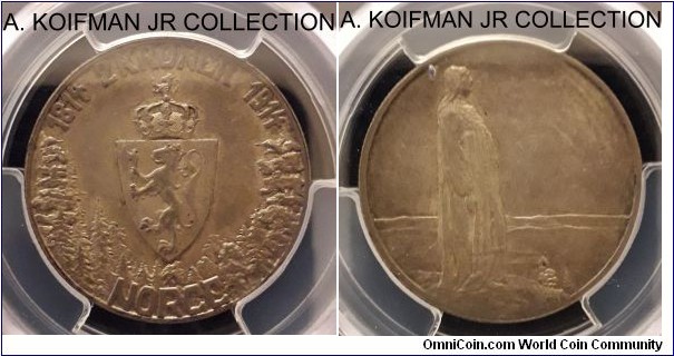 KM-377, 1914 Norway 2 kroner; silver, reeded edge; Haakon VII, Constitution centennial commemorative, nice toned coin, PCGS graded AU55.