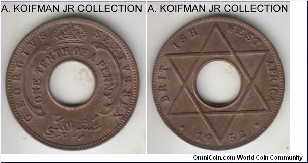 KM-26a, 1952 British West Africa 1/10 penny, Royal Mint (London, no mint mark); bronze, holed flan, plain edge; George VI last and a 1-year type, dark toned but choice uncirculated.