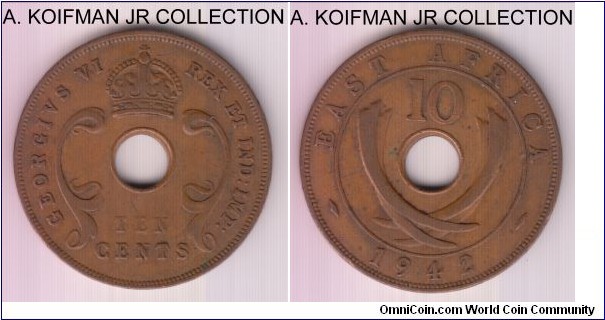 KM-26.2, 1942 East Africa 10 cents, Royal Mint (no mint mark); bronze, holed flan, plain edge; George VI, more common variety of the year than the Bombay one, very fine to good very fine.