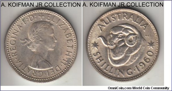 KM-59, 1960 Australia shilling, Melbourne (no mint mark); silver, reeded edge; Elizabeth II, late years, lightly toned uncirculated or almost.
