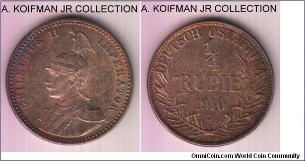 KM-8, 1910 German East Africa 1/4 rupie, Hamburg mint (J mint mark); silver, reeded edge; Wilhelm II, nice toned good extra fine or better coin, small cut on reverse field.