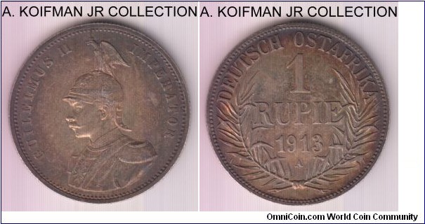 KM-10, 1913 German East Africa rupie, Berlin mint (A mint mark); silver, reeded edge; Wilhelm II, smaller mintage compared to Hamburg, good extra fine or better, iridescent toning.
