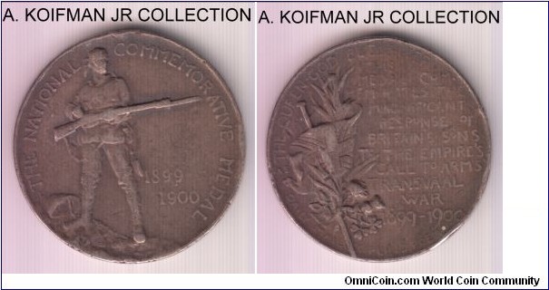 1900 Transvaal war commemorative medal; silver or silvered bronze, plain edge, 22 mm, 5.3 gr; 