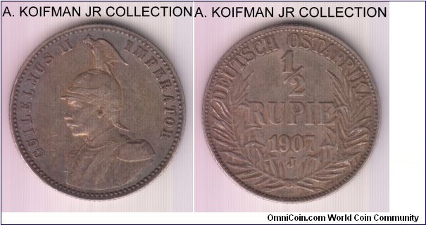 KM-9, 1907 German East Africa 1/4 rupie, Hamburg mint (J mint mark); silver, reeded edge; Wilhelm II, smaller mintage year, decent very fine, old cleaning.
