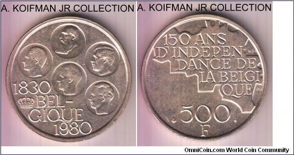 KM-161, 1980 Belgium 500 francs; silver clad copper-nickel, plain edge; 150'th anniversary of Independence, French text variety, average uncirculated.