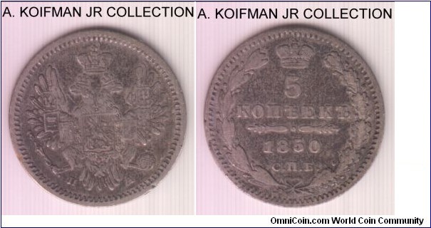 C# 163, 1850 Russia (Empire) 5 kopeks; silver, plain edge with dotted line; Nicolas I rule, not a very common type, good fine or so.