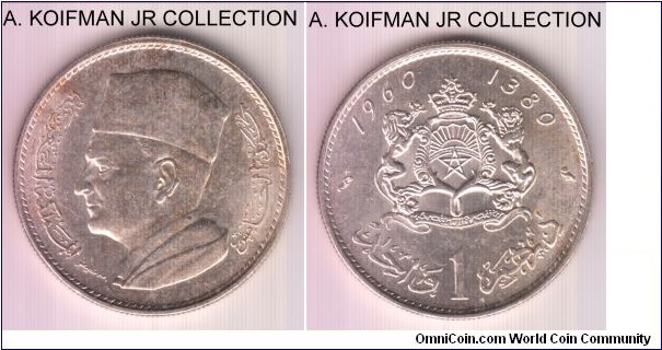 Y#55, AH1380(1960) Morocco dirham; silver, reeded edge; Mohammed V, one year type, lightly toned yet bright uncirculated.