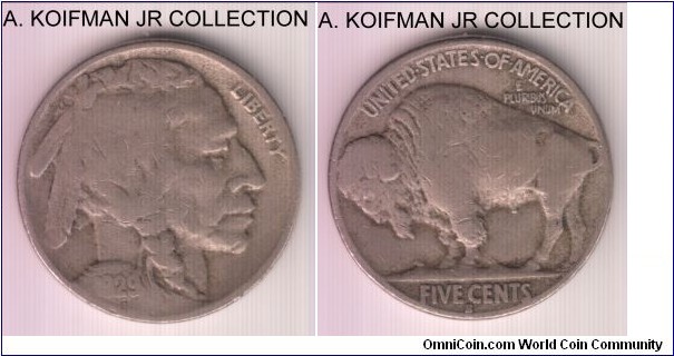 KM-134, 1929 United States of America 5 cents, San Francisco mint (S mint mark); copper-nickel, plain edge; Buffalo nickel, fine or so, clear date.
