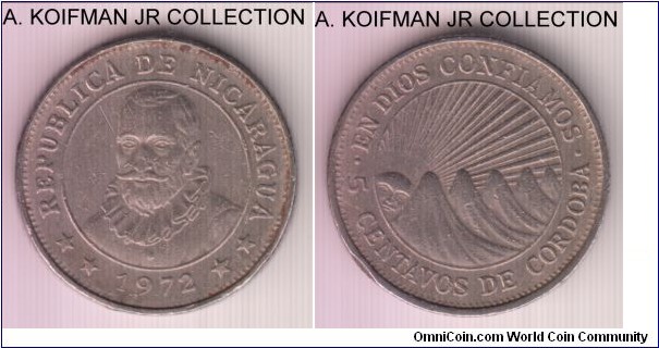 KM-24.2a, 1972 Nicaragua 5 centavos; nickel-clad steel, reeded edge; 1 year variation of classical design, very fine or so details, edge is corroded into the flan, probably due to poor manufacturing.