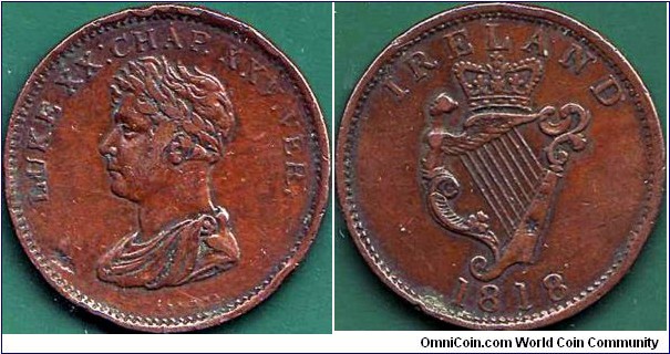 Ireland 1818 1 Penny currency token.