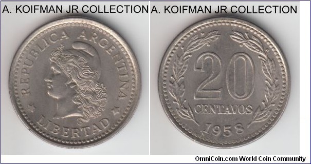 KM-55 (Prev. KM-30), 1958 Argentina 20 centavos; nickel clad steel, plain edge; common but nice uncirculated coin.