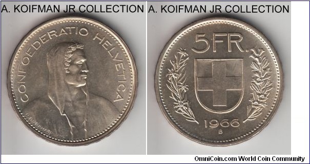 KM-40, 1966 Switzerland 5 francs, Bern mint (B mint mark); silver, raised lettered edge; common but nice bright white uncirculated.