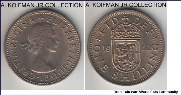 KM-905, 1962 Great Britain shilling; copper-nickel, reeded edge; Elizabeth II, Scottish crest, average uncirculated.