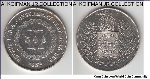 KM-458, 1852 Brazil (Empire) 500 reis; silver, reeded edge; Perdo II, scarcer early type, good very fine to extra fine details (reverse is better), cleaned.