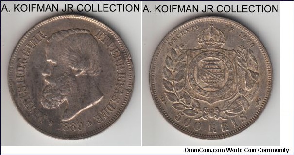 KM-480, 1889 Brazil (Empire) 500 reis; silver, reeded edge; Pedro II, last type, good extra fine, darker toning in places.