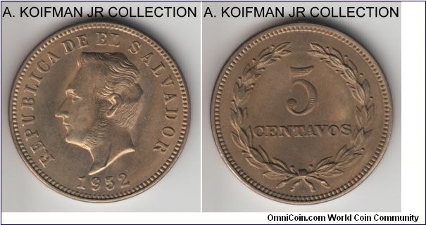 KM-134a, 1952 El Salvador 5 centavos, San Francisco mint; nickel silver, plain edge; 