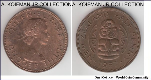 KM-23.2, 1957 New Zealand half penny; bronze, plain edge; Elizabeth II, red brown uncirculated.