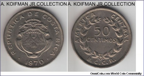 KM-189.3, 1970 Costa Rica 50 centimos, Philadelphia mint; copper-nickel, lettered edge; as minted, lightly toned.