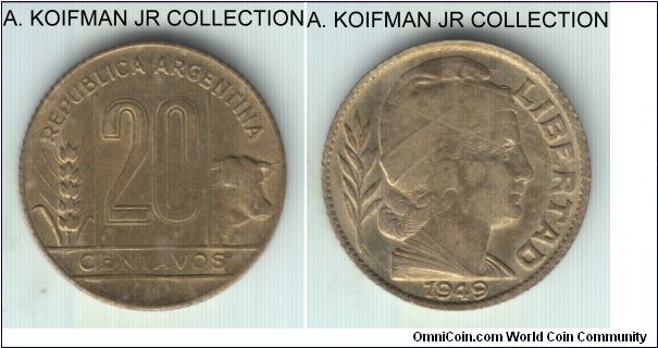 KM-42, 1949 Argentina 20 centavos; aluminum-bronze, reeded edge; typically weak strike, good extra fine.