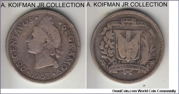 KM-20, 1937 Dominican Republic 25 centavos, Ottawa (Canada) mint; silver, reeded edge; fist year of the type, very good or so.